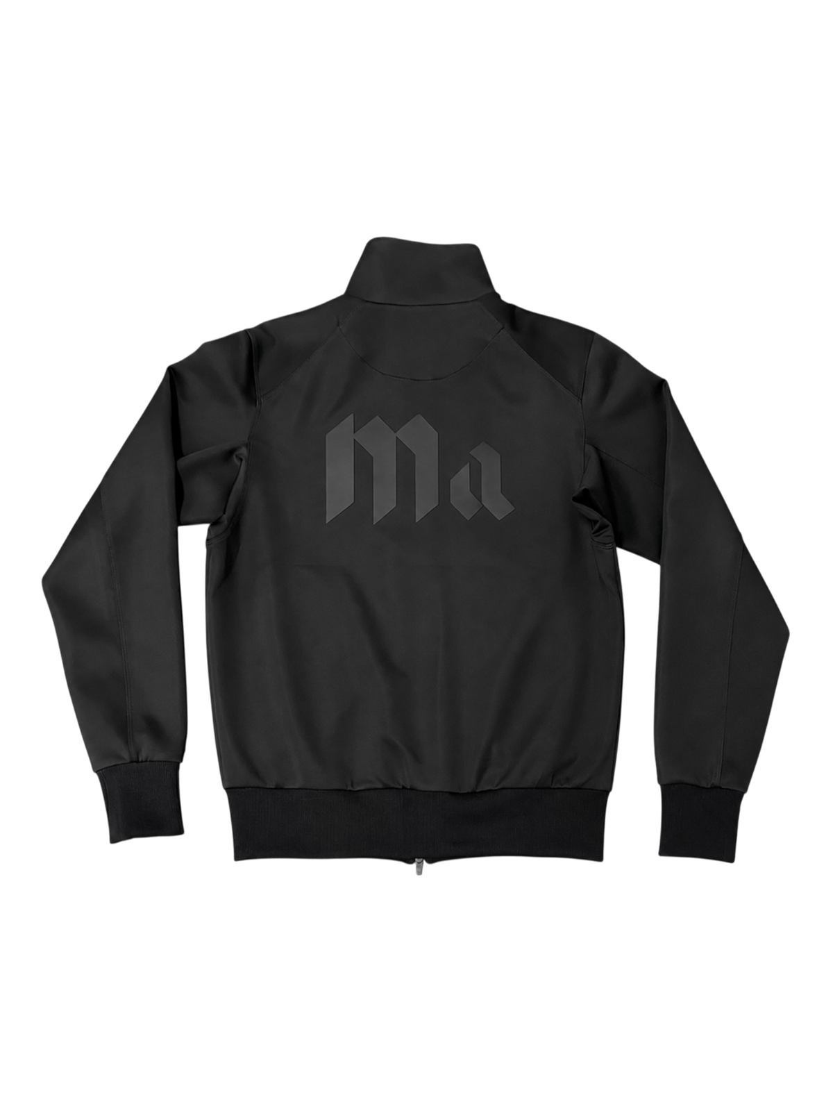 Back of the black More Amoure Core Zip Jacket with the Ma. logo across the upper back