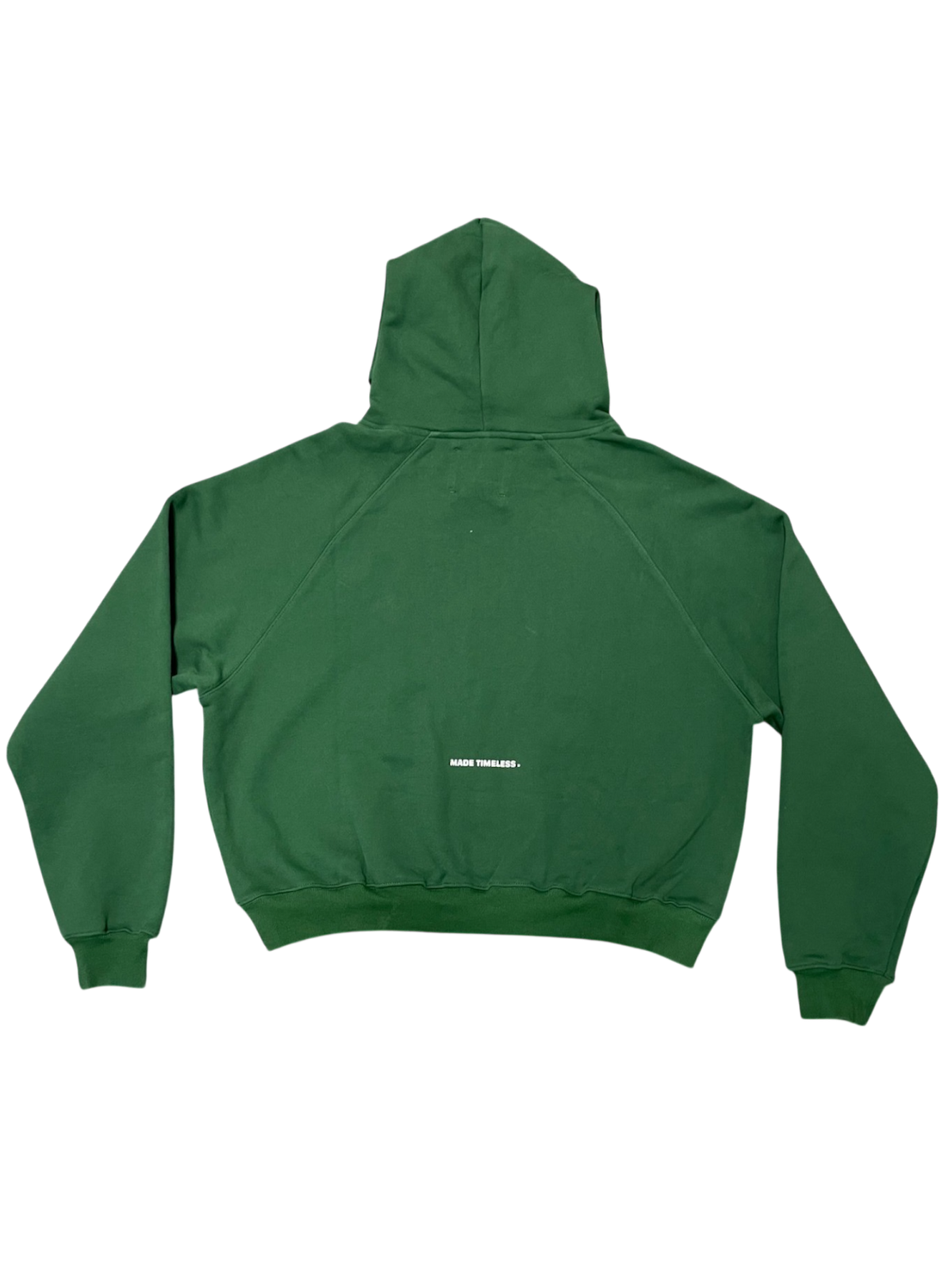 Back of the green More Amoure heavyweight hoodie with the small Made Timeless tagline on the lower back