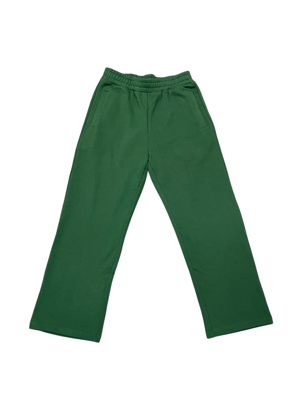Front of the green More Amoure heavyweight French terry sweatpants with drawstring waist and relaxed wide leg