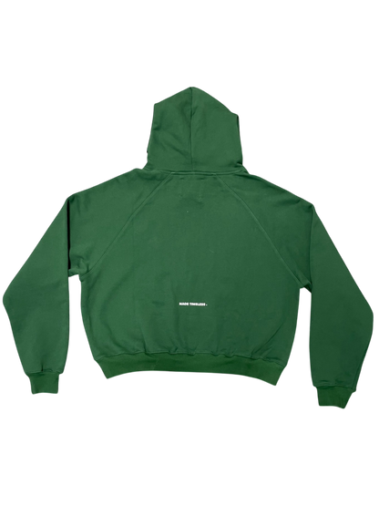 Back of the green More Amoure heavyweight hoodie with the small Made Timeless tagline on the lower back