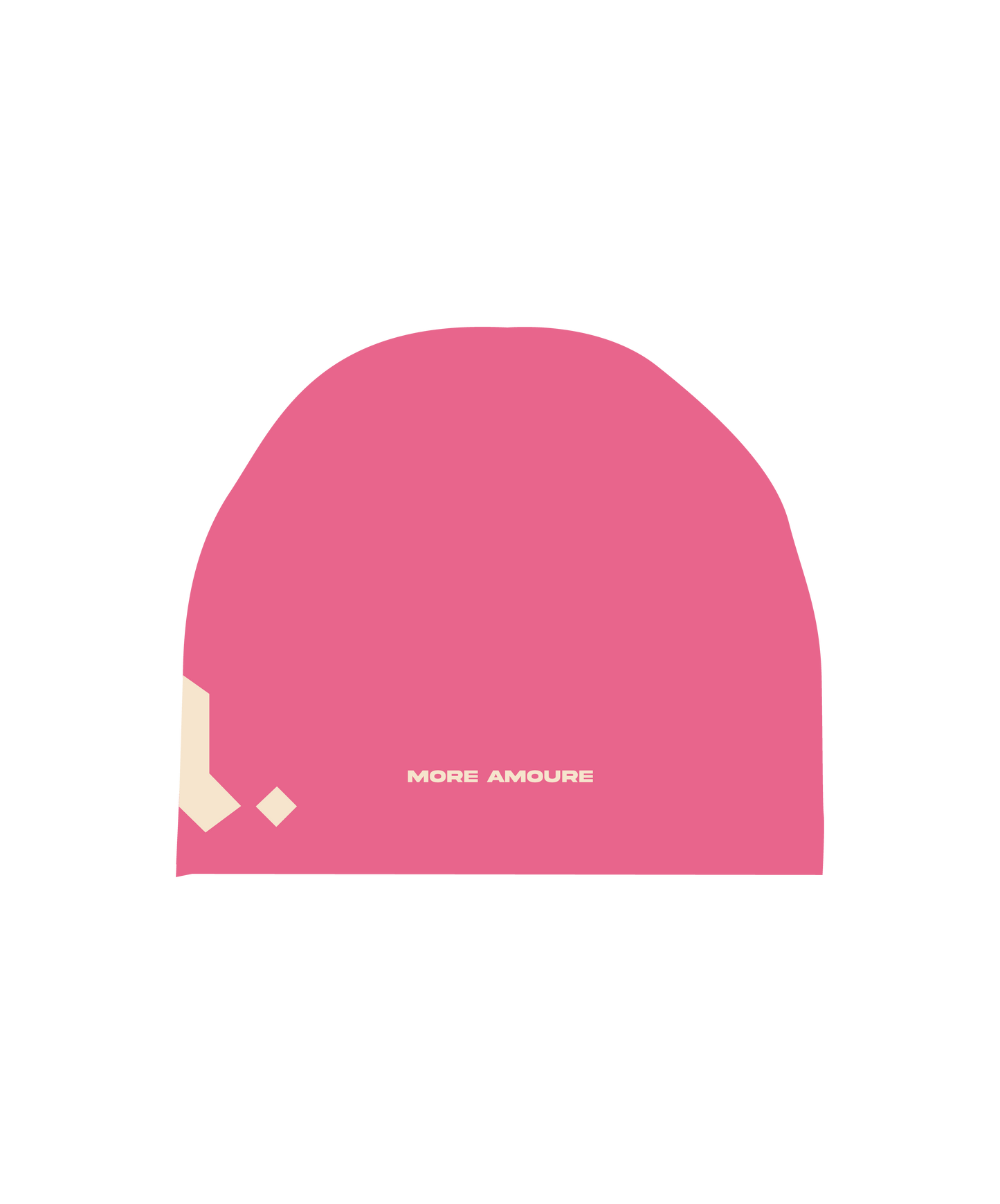 The back of the more amoure cotton beanie in pink and cream with cream embroidery of the brand name